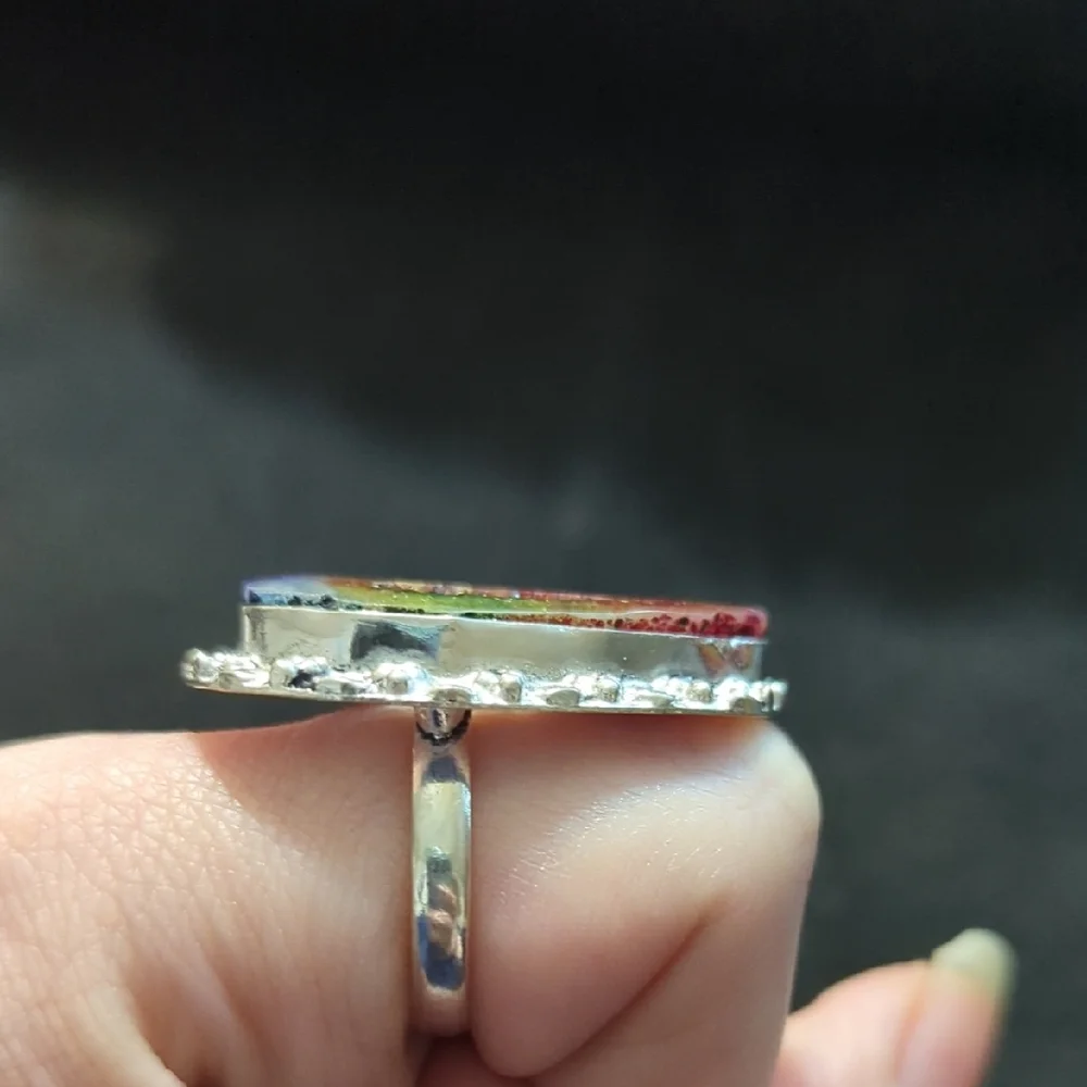 Silver Plated Rainbow Solar Quartz Druzy Gemstone Statement Ring - Size 8.5 - Picture 3 of 9